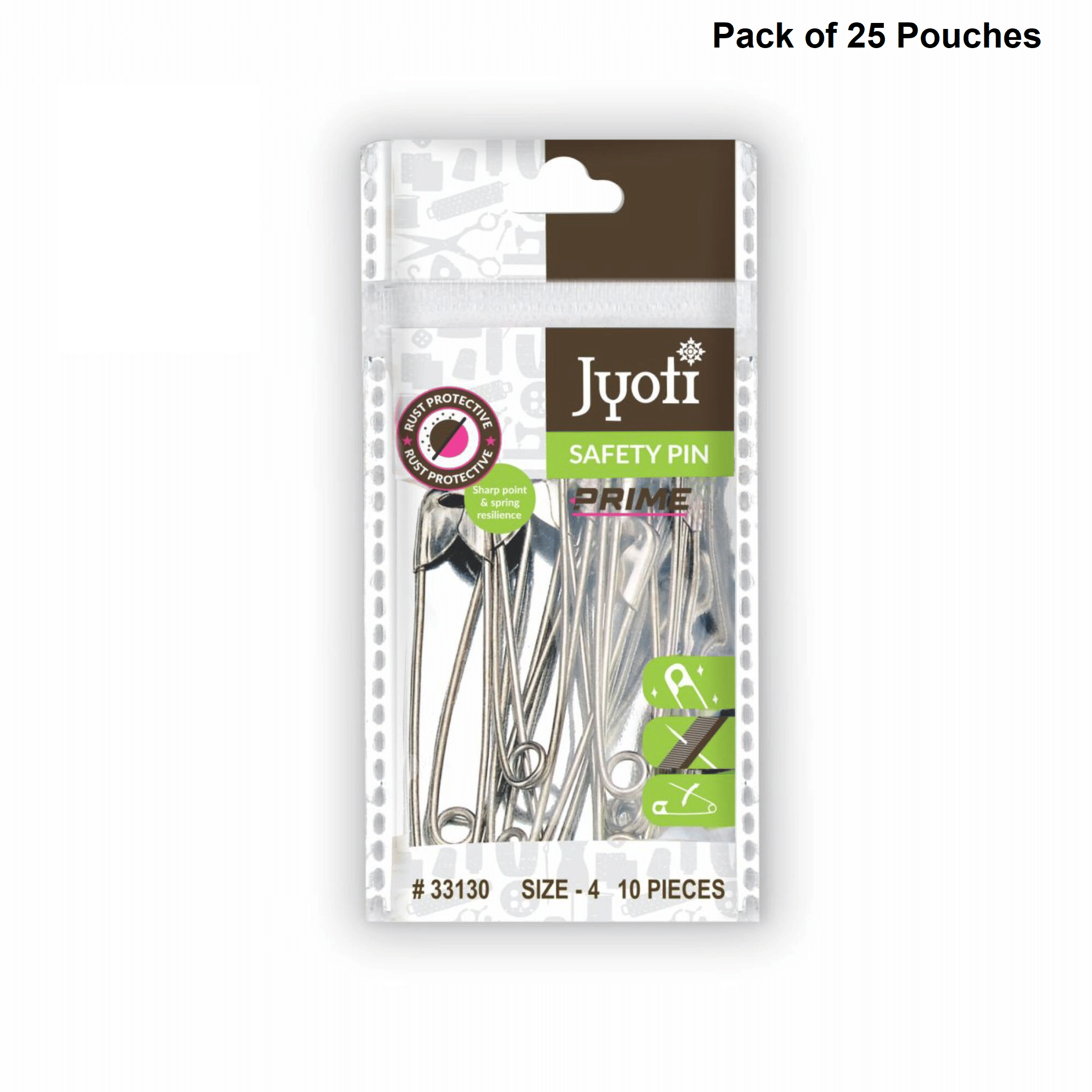    			Jyoti 33130 Safety Pins - Prime, Strong Nickel Plated Steel, Rust Resistant, Heavy Duty Variety Pack, Perfect for Clothes, Crafts, Sewing, Pinning (10 Pins of Size 4 / 55mm in a Pouch) - Pack of 25