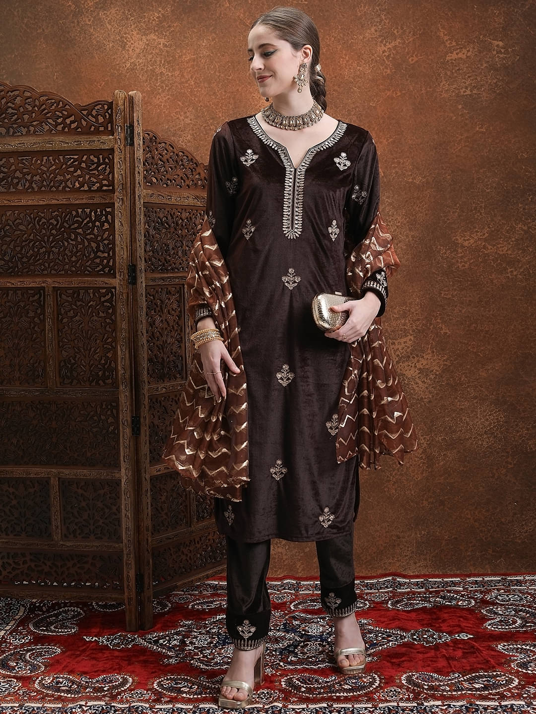 Ketch Polyester Embroidered Kurti With Pants Women's Stitched Salwar Suit - Brown ( Pack of 1 ) Ketch Polyester Embroidered Kurti With Pants Women's Stitched Salwar Suit - Brown ( Pack of 1 )