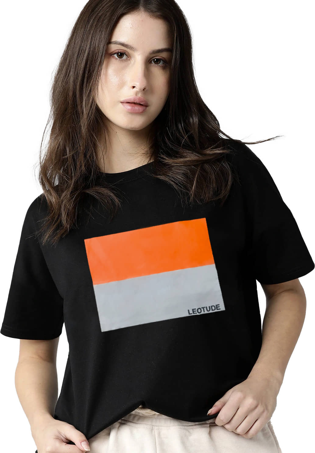 Leotude Women Cotton Blend Printed Oversized Fit Round Neck T-Shirt ( Black )