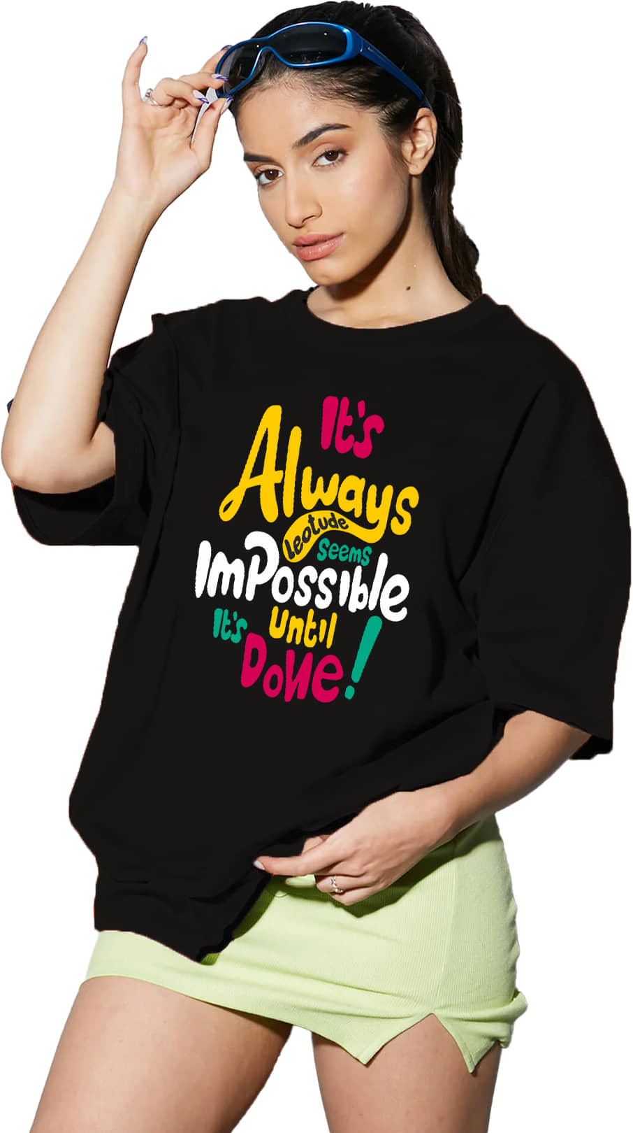 Leotude Women Cotton Blend Printed Oversized Fit Round Neck T-Shirt ( Black )