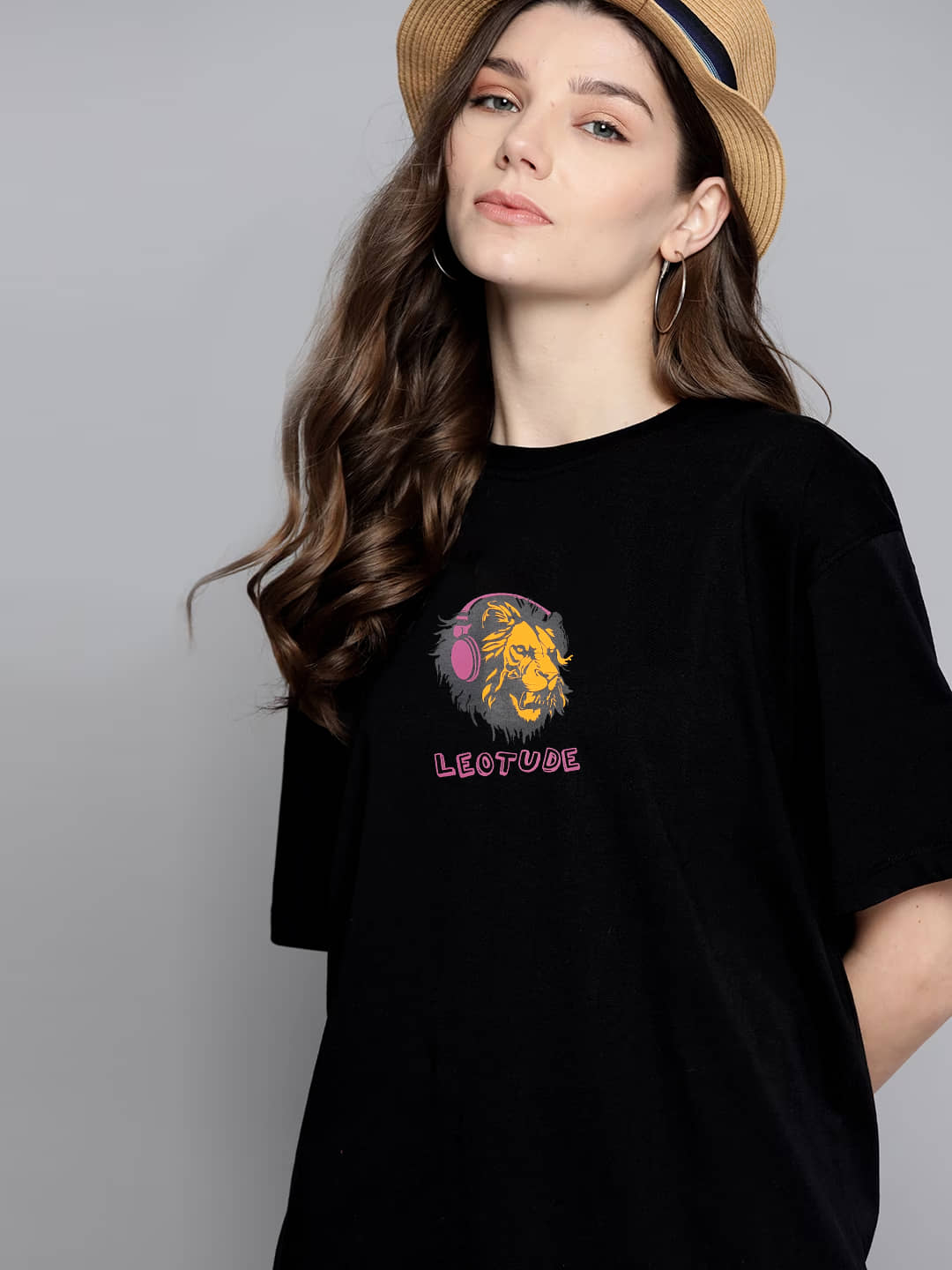 Leotude Women Cotton Blend Printed Oversized Fit Round Neck T-Shirt ( Black )