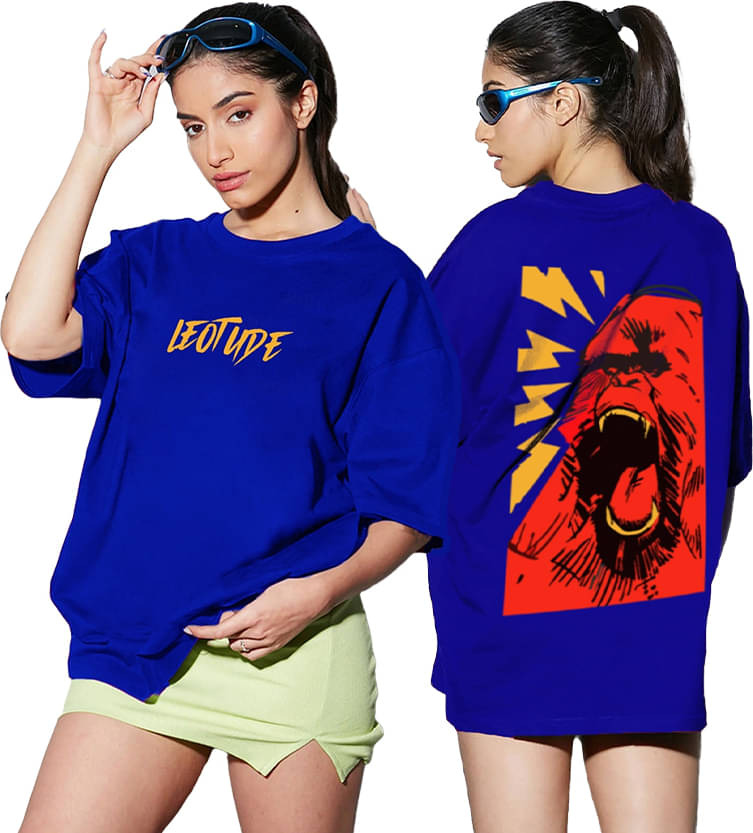     			Leotude Women Cotton Blend Printed Oversized Fit Round Neck T-Shirt ( Blue )