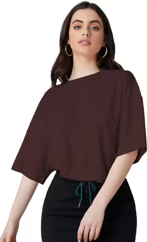 Leotude Women Cotton Blend Solid Oversized Fit Round Neck T-Shirt ( Brown ) Leotude Women Cotton Blend Solid Oversized Fit Round Neck T-Shirt ( Brown )