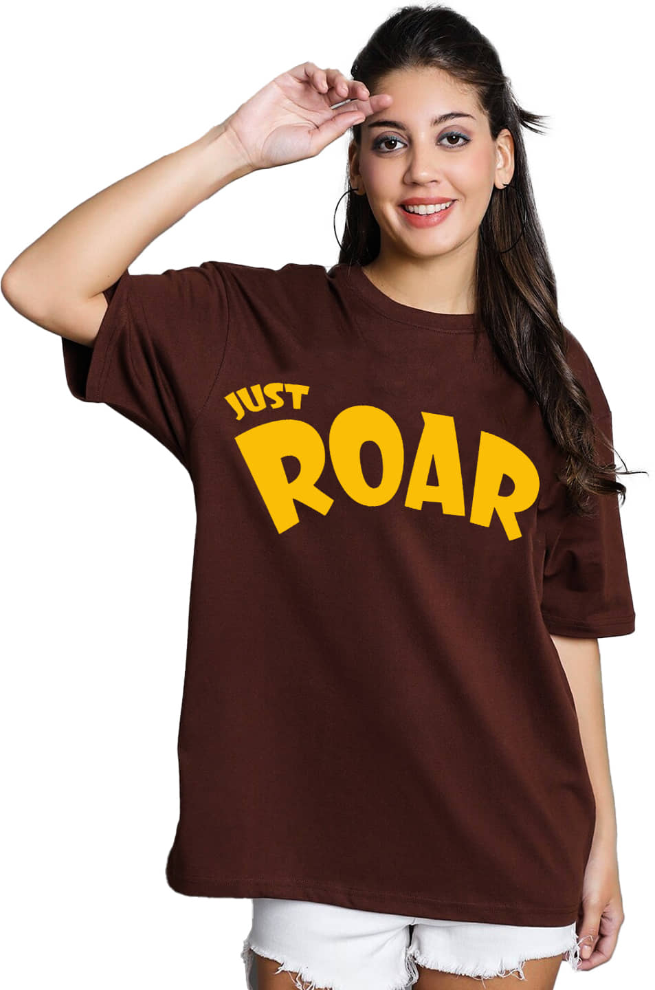 Leotude Women Cotton Blend Printed Oversized Fit Round Neck T-Shirt ( Brown )
