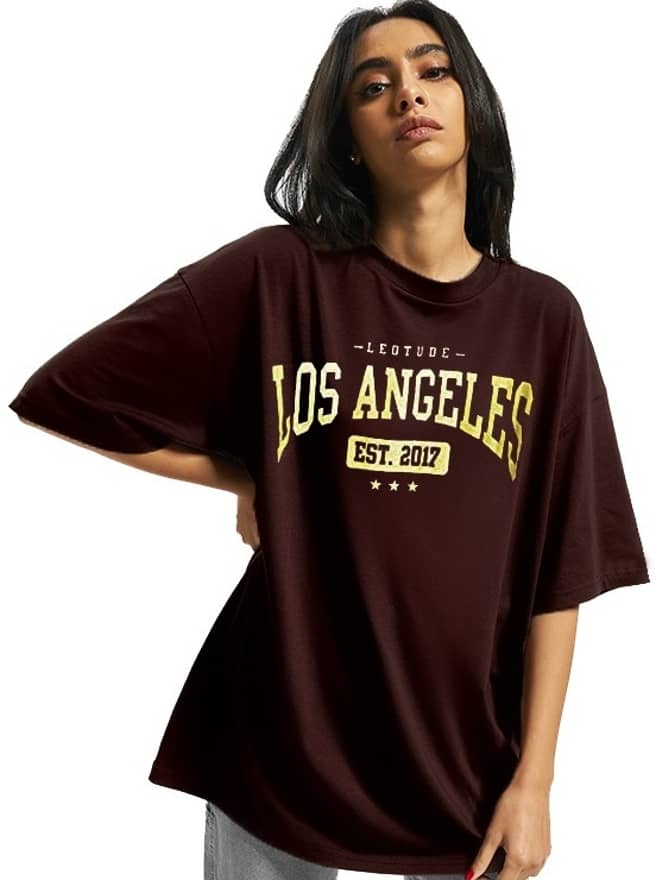 Leotude Women Cotton Blend Printed Oversized Fit Round Neck T-Shirt ( Brown )