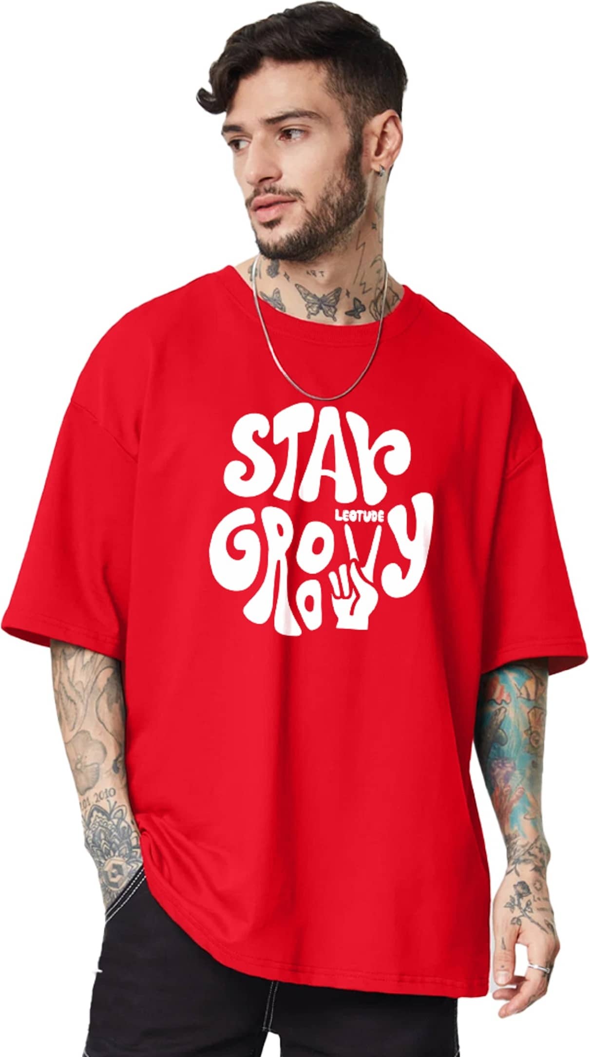 Leotude Men Cotton Blend Oversized Fit Printed T-Shirt ( Red )