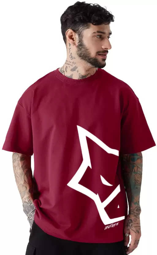 Leotude Men Cotton Blend Oversized Fit Printed T-Shirt ( Maroon )