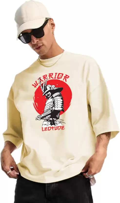 Leotude Men Cotton Blend Oversized Fit Printed T-Shirt ( Beige )