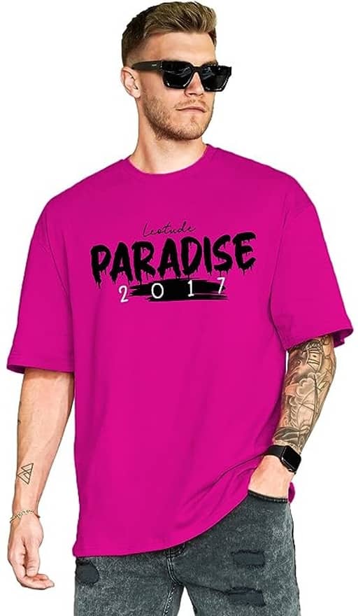 Leotude Men Cotton Blend Oversized Fit Printed T-Shirt ( Pink )