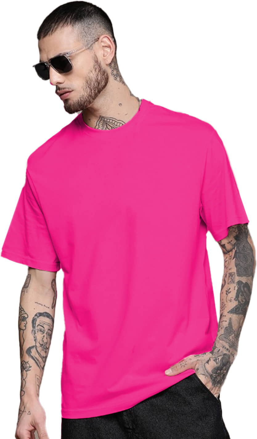 Leotude Men Cotton Blend Oversized Fit Solid T-Shirt ( Pink )
