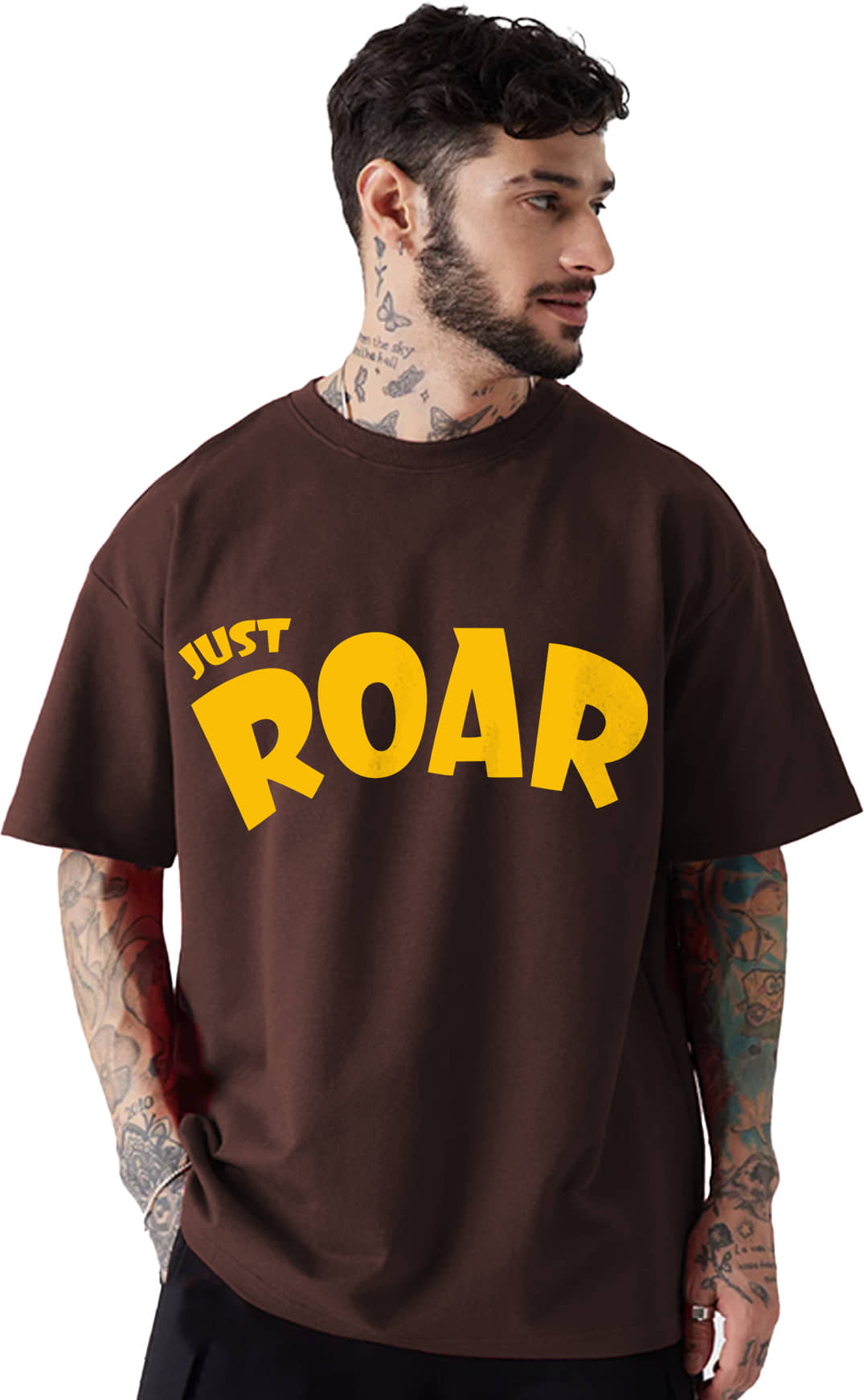 Leotude Men Cotton Blend Oversized Fit Printed T-Shirt ( Brown )