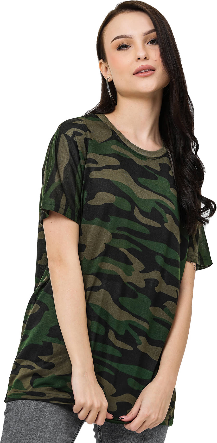 Leotude Women Cotton Blend Printed Oversized Fit Round Neck T-Shirt ( Green )