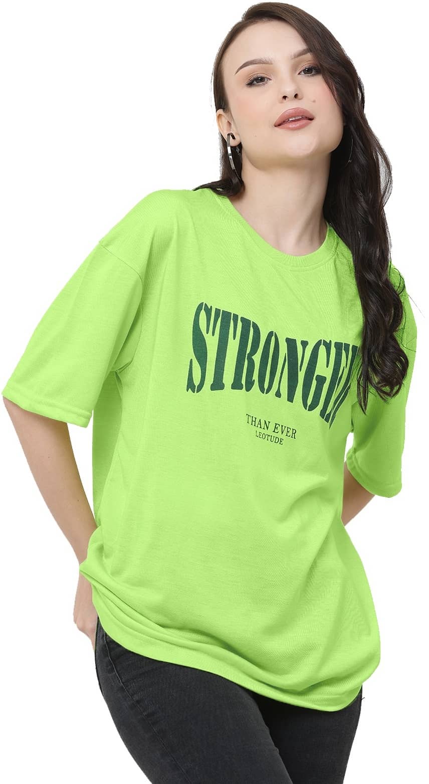 Leotude Women Cotton Blend Printed Oversized Fit Round Neck T-Shirt ( Green )