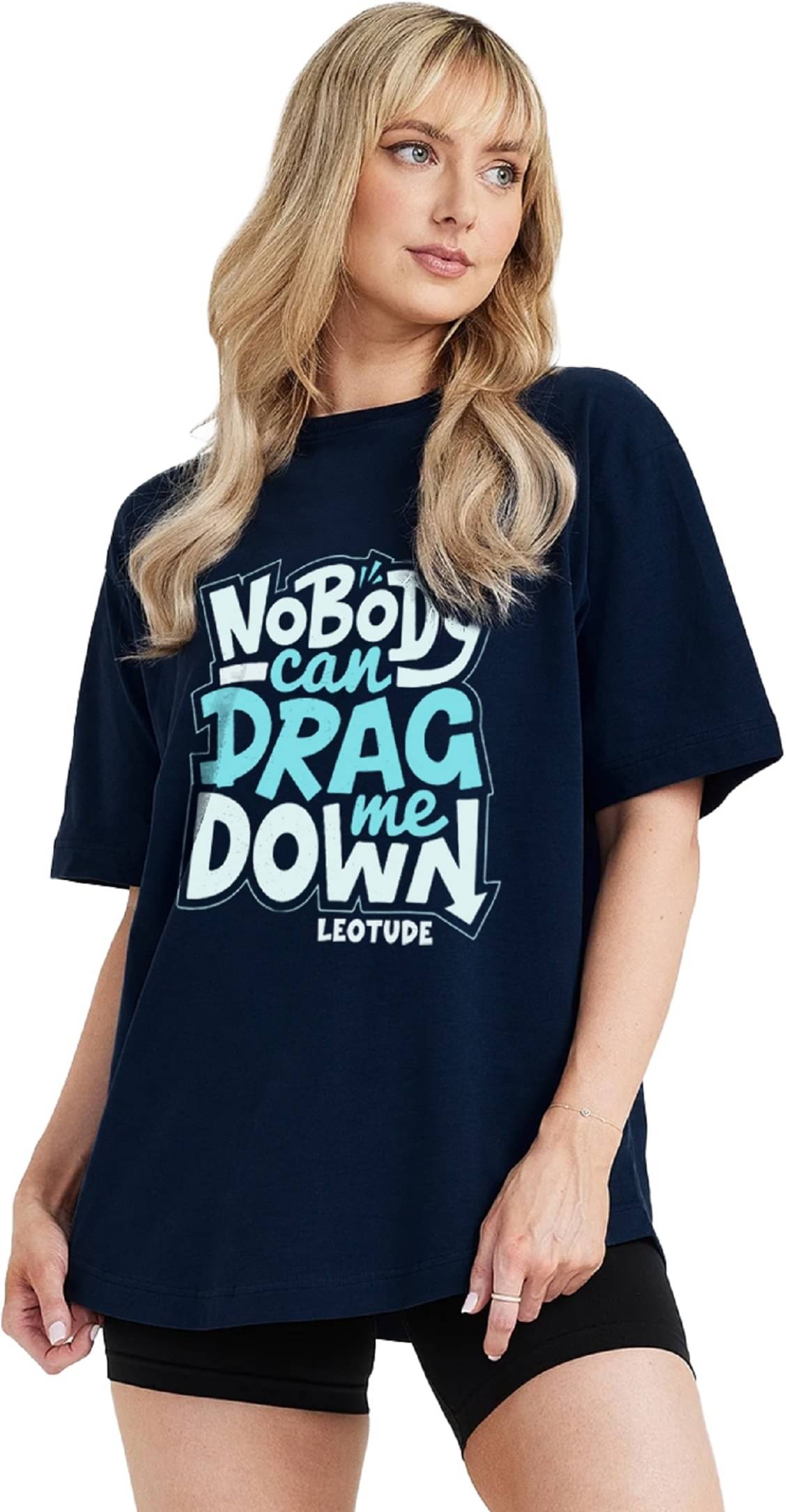     			Leotude Women Cotton Blend Printed Oversized Fit Round Neck T-Shirt ( Navy Blue )