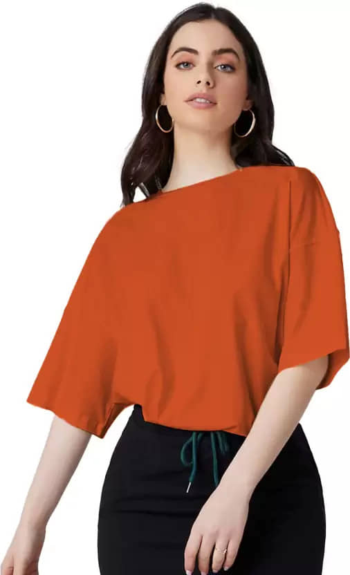 Leotude Women Cotton Blend Solid Oversized Fit Round Neck T-Shirt ( Orange )