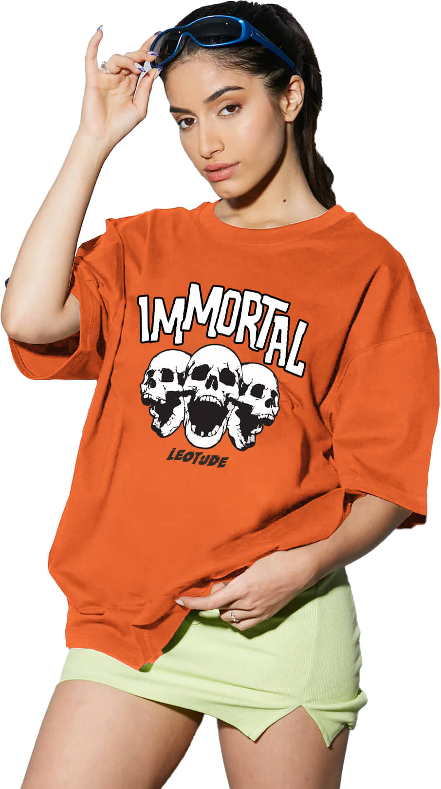 Leotude Women Cotton Blend Printed Oversized Fit Round Neck T-Shirt ( Orange )