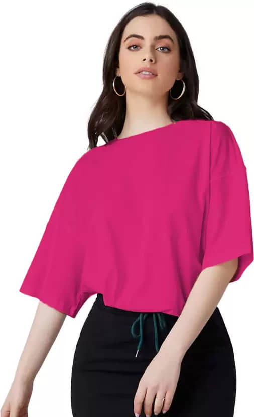 Leotude Women Cotton Blend Solid Oversized Fit Round Neck T-Shirt ( Pink )