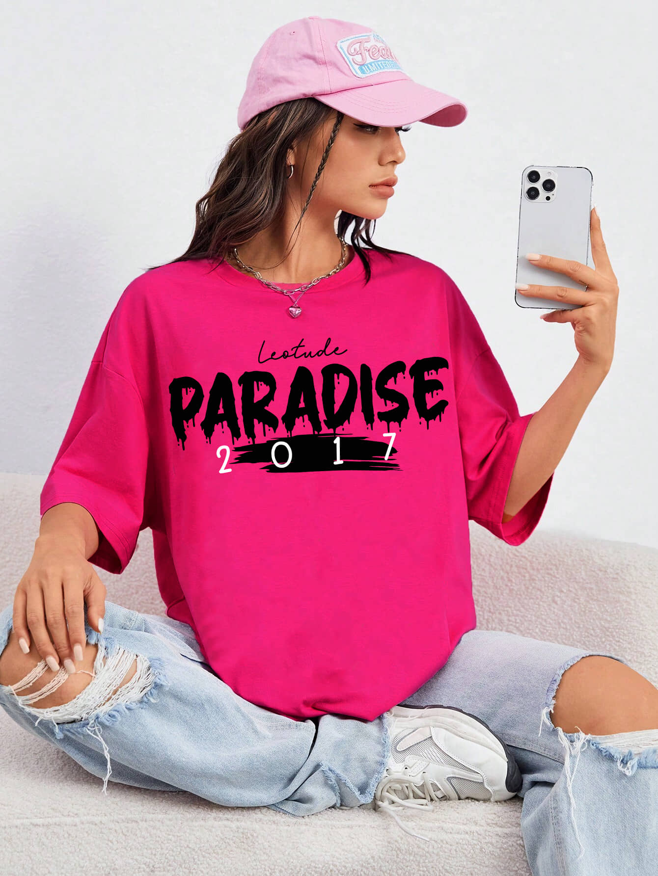 Leotude Women Cotton Blend Printed Oversized Fit Round Neck T-Shirt ( Pink )
