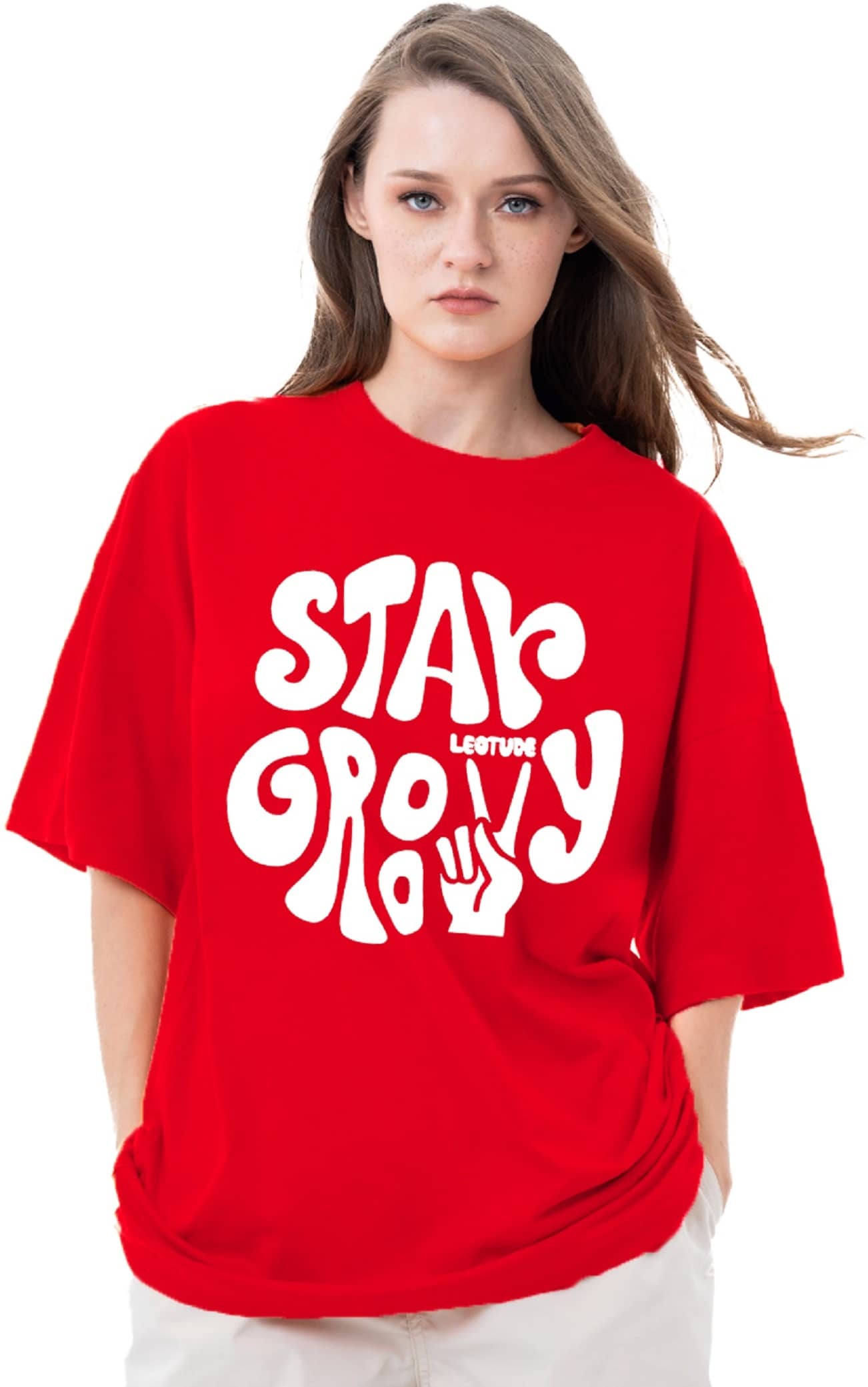 Leotude Women Cotton Blend Printed Oversized Fit Round Neck T-Shirt ( Red )