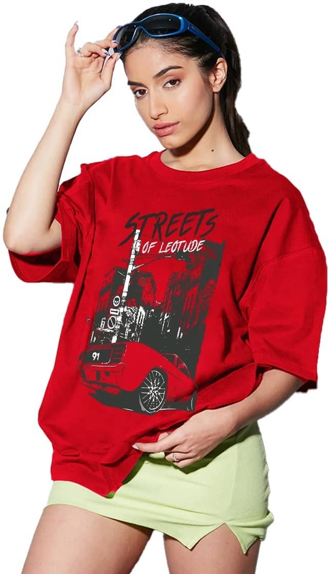 Leotude Women Cotton Blend Printed Oversized Fit Round Neck T-Shirt ( Red )