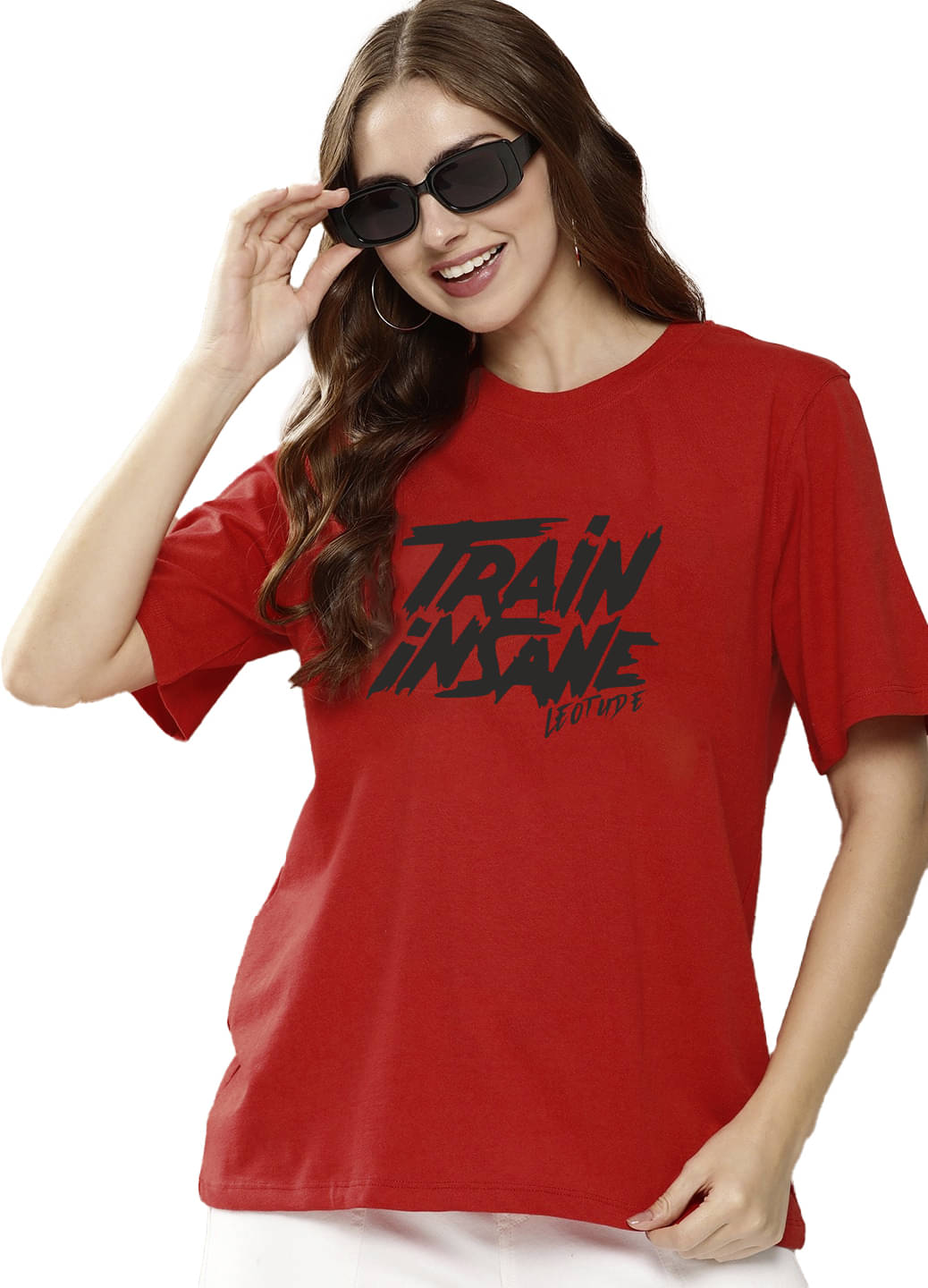     			Leotude Women Polyester Printed Oversized Fit Round Neck T-Shirt ( Red )