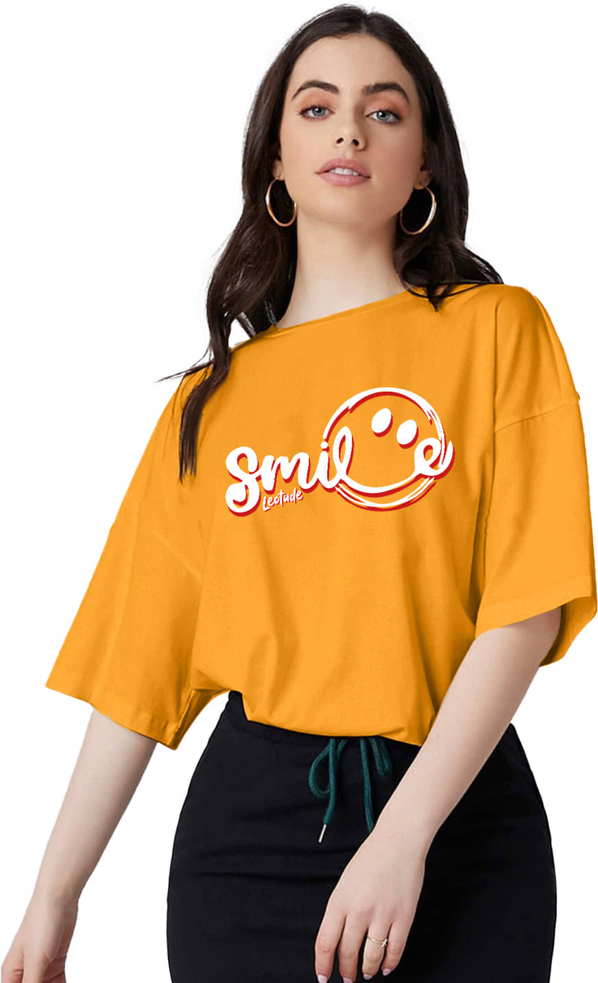 Leotude Women Cotton Blend Printed Oversized Fit Round Neck T-Shirt ( Yellow )