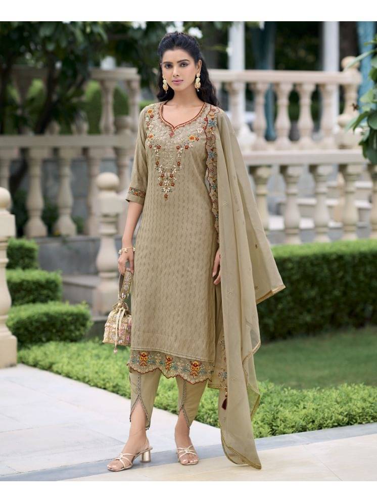 MOJILAA Viscose Embroidered Kurti With Dhoti Pants Women's Stitched Salwar Suit - Khaki ( Pack of 1 ) MOJILAA Viscose Embroidered Kurti With Dhoti Pants Women's Stitched Salwar Suit - Khaki ( Pack of 1 )