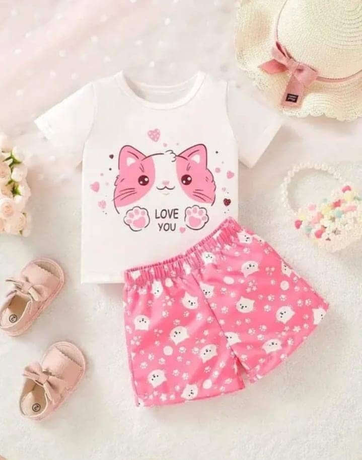 MUSNAH GARMENTS Pack of 1 Baby Girls Cotton T-Shirt & Shorts ( White & Pink )