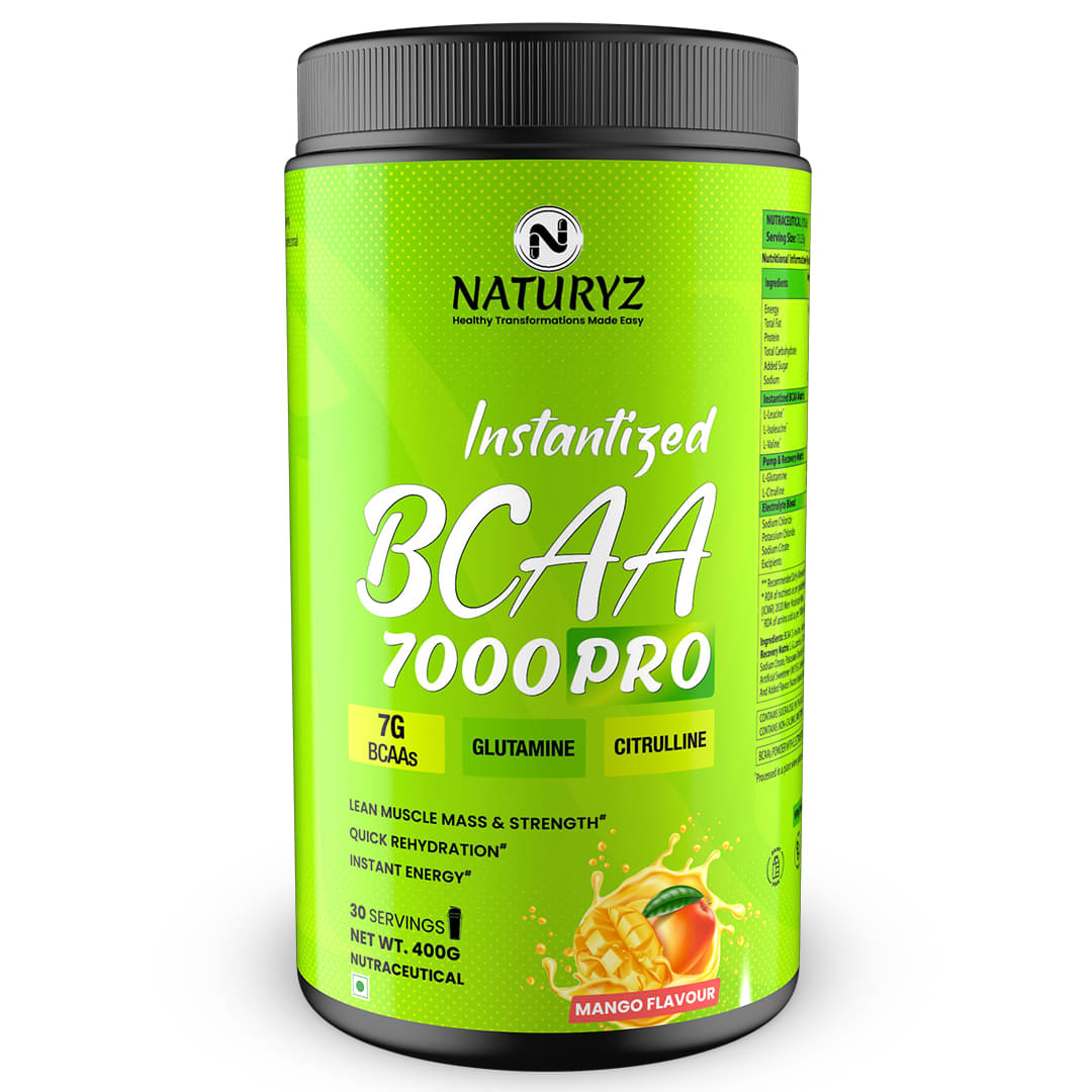 NATURYZ Instantized BCAA 7000 PRO With 7G BCAAs Glutamine For Lean Muscle Mass - 400g(Mango) NATURYZ Instantized BCAA 7000 PRO With 7G BCAAs Glutamine For Lean Muscle Mass - 400g(Mango)