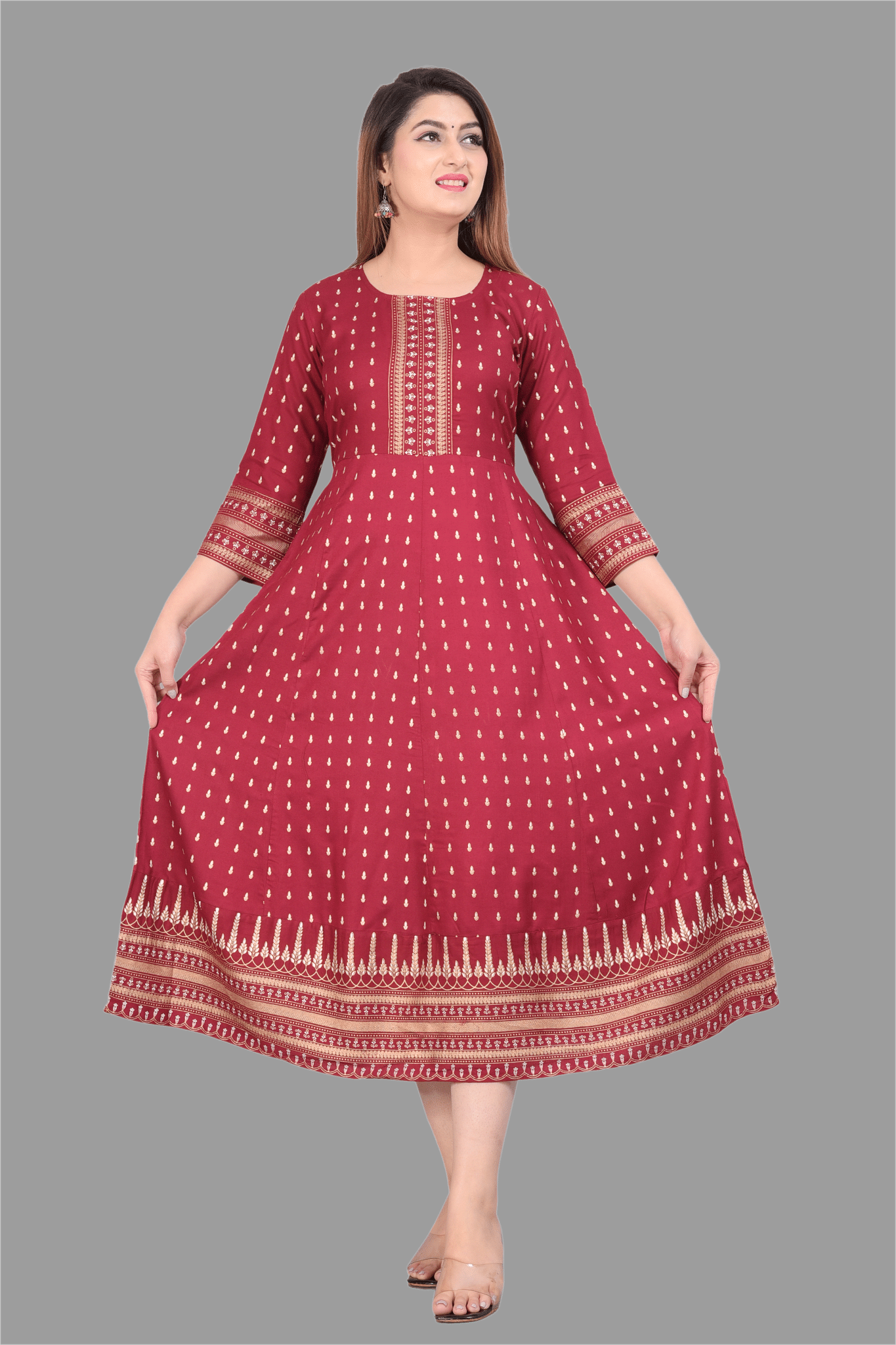 NUPITAL Rayon Printed Anarkali Women's Kurti - Maroon ( Pack of 1 ) NUPITAL Rayon Printed Anarkali Women's Kurti - Maroon ( Pack of 1 )