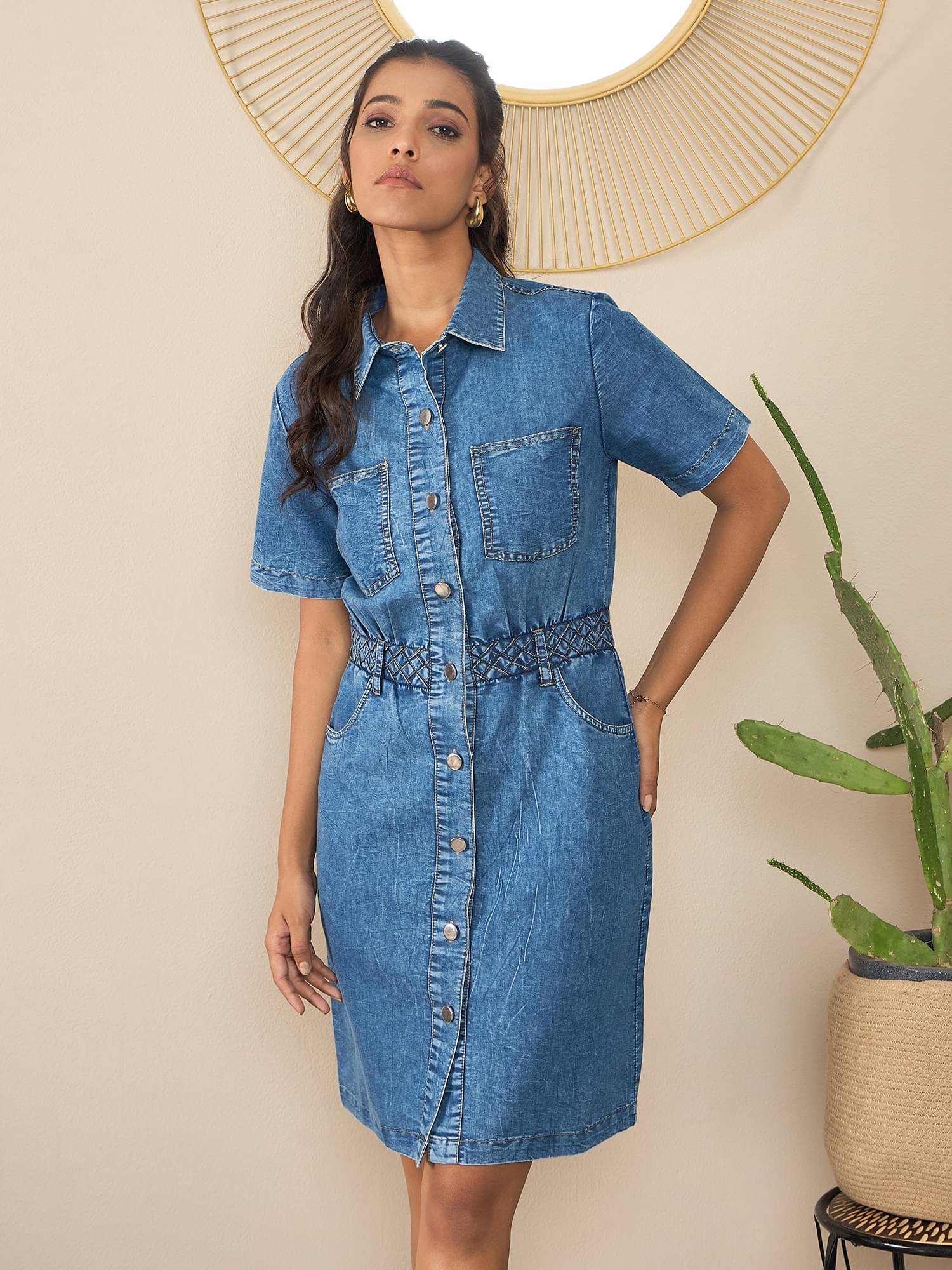     			StyleStone Women Denim Solid Shirt Dress ( Navy )