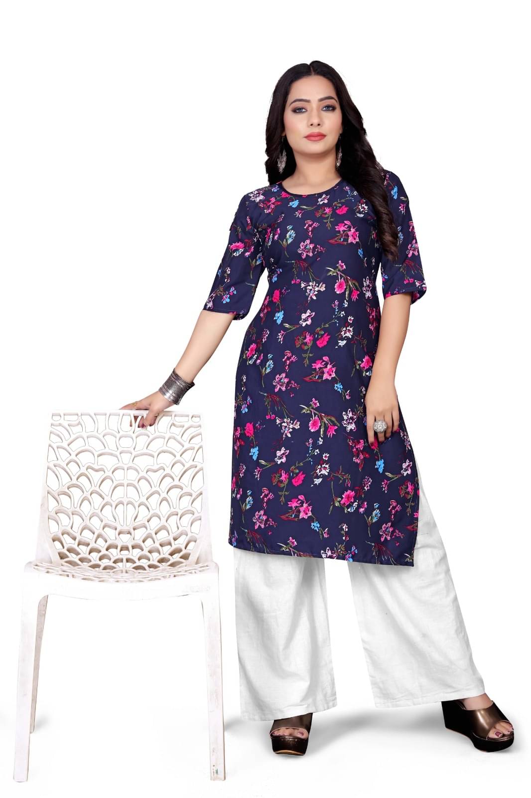 THE PRIVATE LABLE Rayon Printed Straight Women's Kurti - Navy Blue ( Pack of 1 ) THE PRIVATE LABLE Rayon Printed Straight Women's Kurti - Navy Blue ( Pack of 1 )