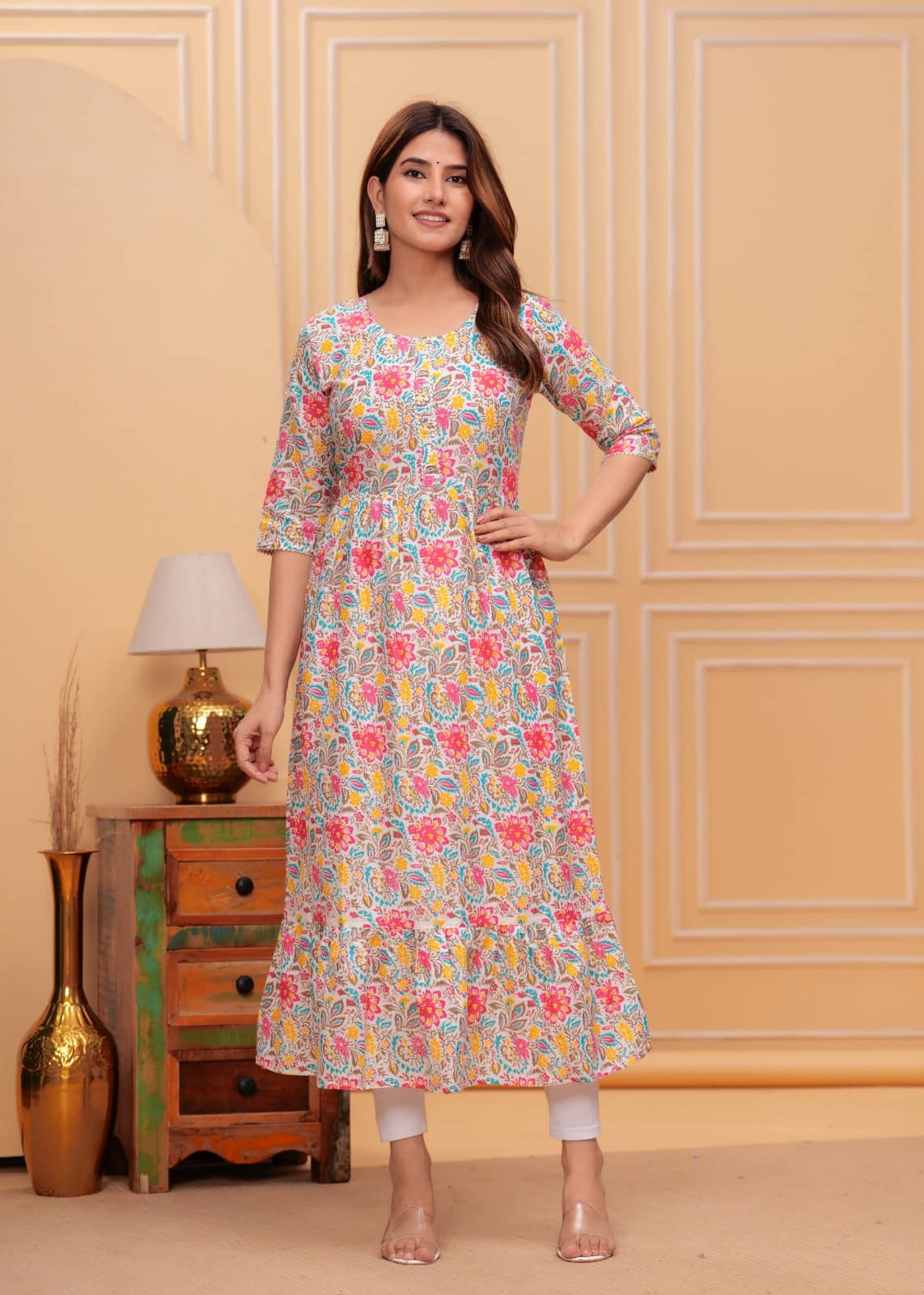 ASHISH PRINT Women Cotton Printed Fit & Flare Dress ( Pink )
