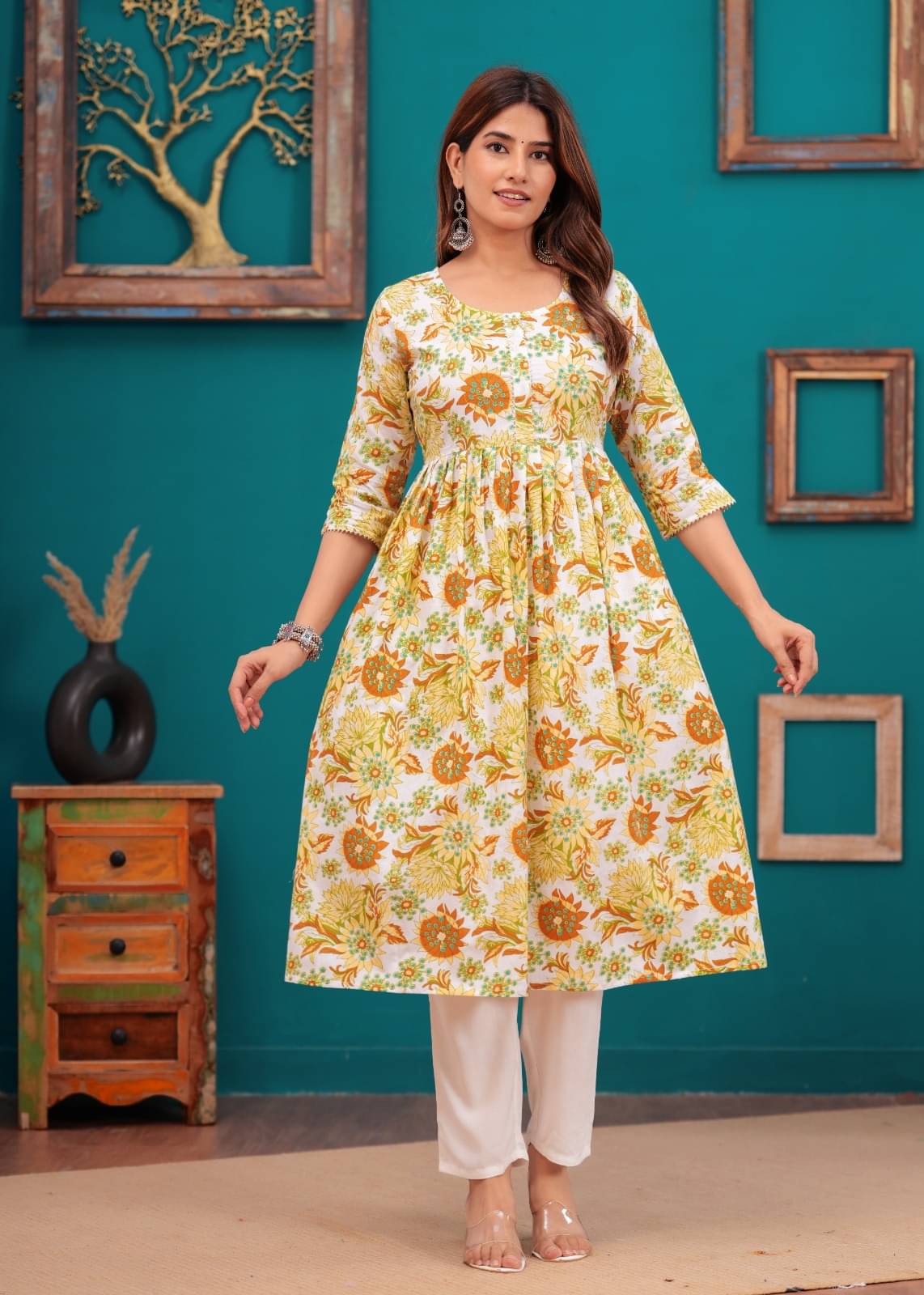     			ASHISH PRINT Women Cotton Printed Fit & Flare Dress ( Mustard )