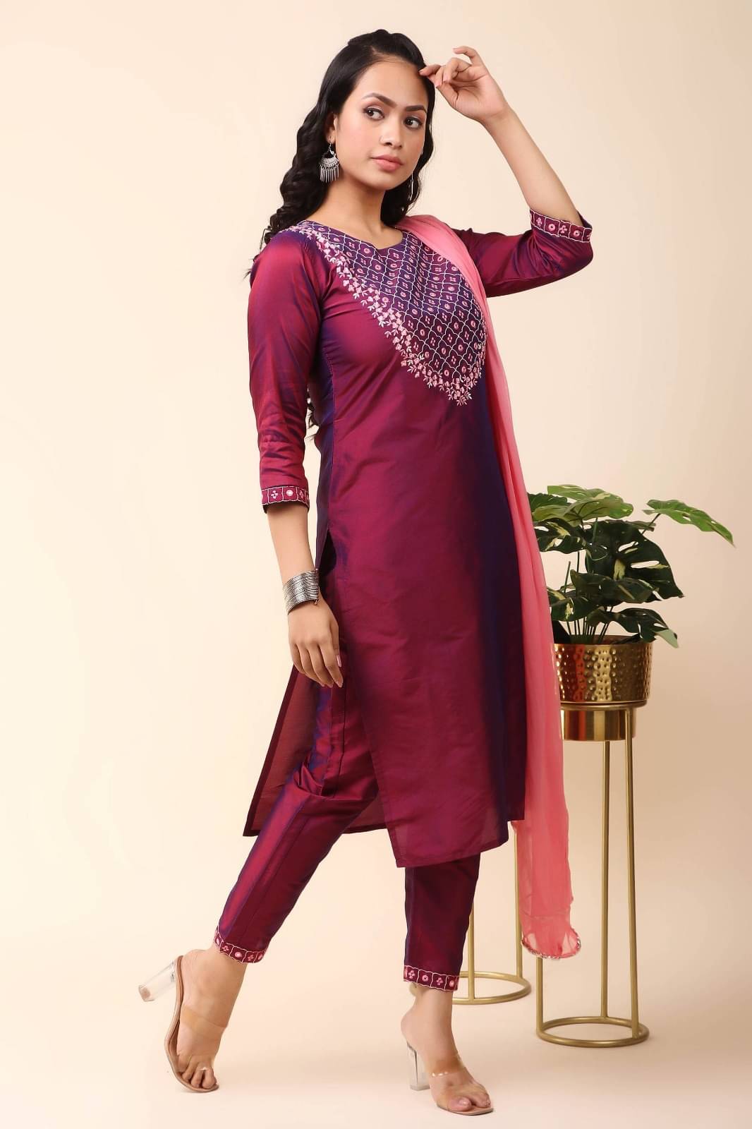 Any Fab Silk Blend Embroidered Kurti With Pants Women's Stitched Salwar Suit - Purple ( Pack of 1 ) Any Fab Silk Blend Embroidered Kurti With Pants Women's Stitched Salwar Suit - Purple ( Pack of 1 )