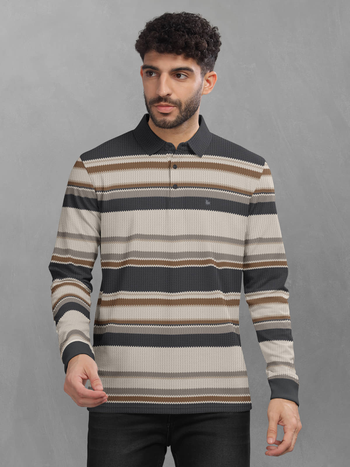 BULLMER Pack of 1 Cotton Blend Regular Fit Striped Full Sleeves Men's Polo T Shirt ( Beige )