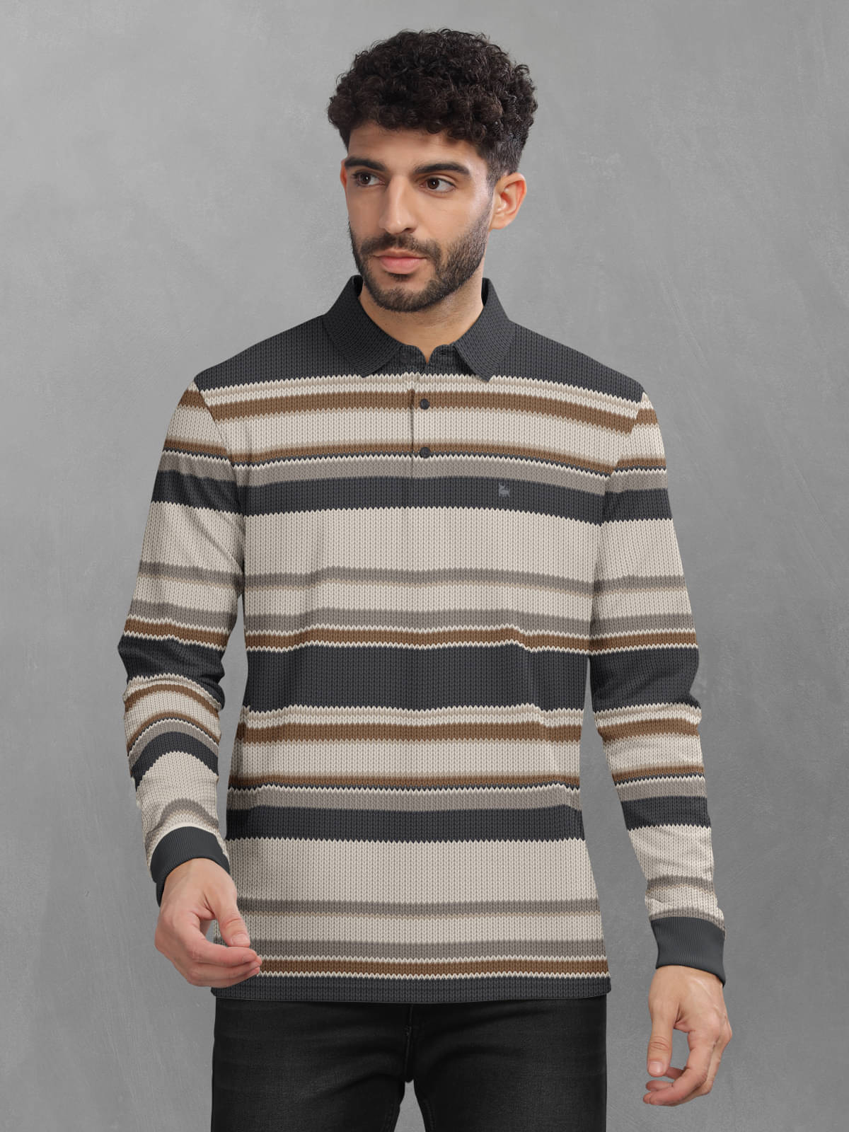 BULLMER Pack of 1 Cotton Blend Regular Fit Striped Full Sleeves Men's Polo T Shirt ( Beige ) BULLMER Pack of 1 Cotton Blend Regular Fit Striped Full Sleeves Men's Polo T Shirt ( Beige )