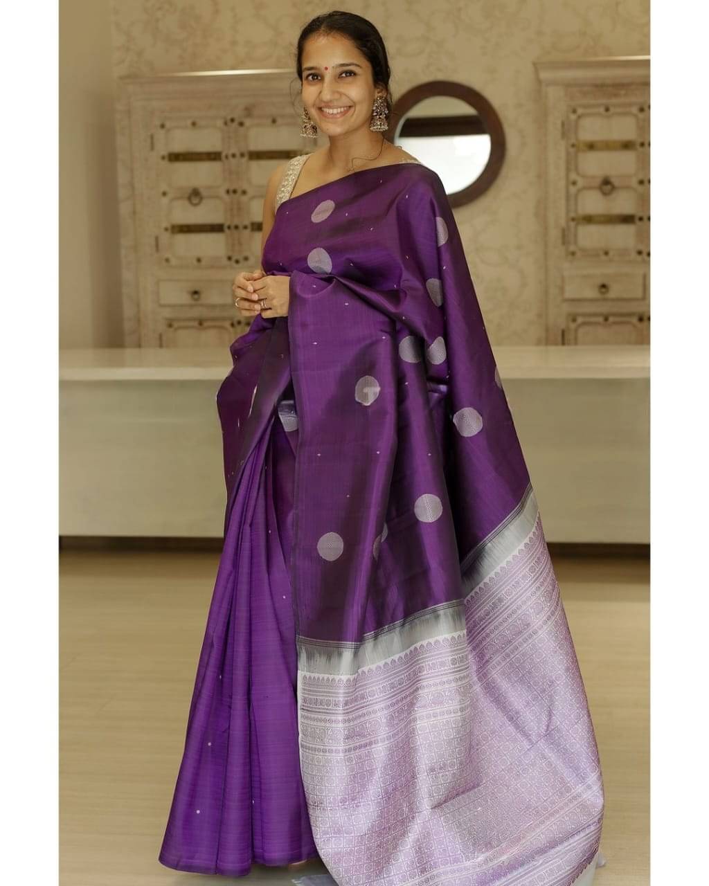     			DEVYOG ENTERPRISE Banarasi Silk Printed Saree With Unstitched Blouse Piece ( Purple )