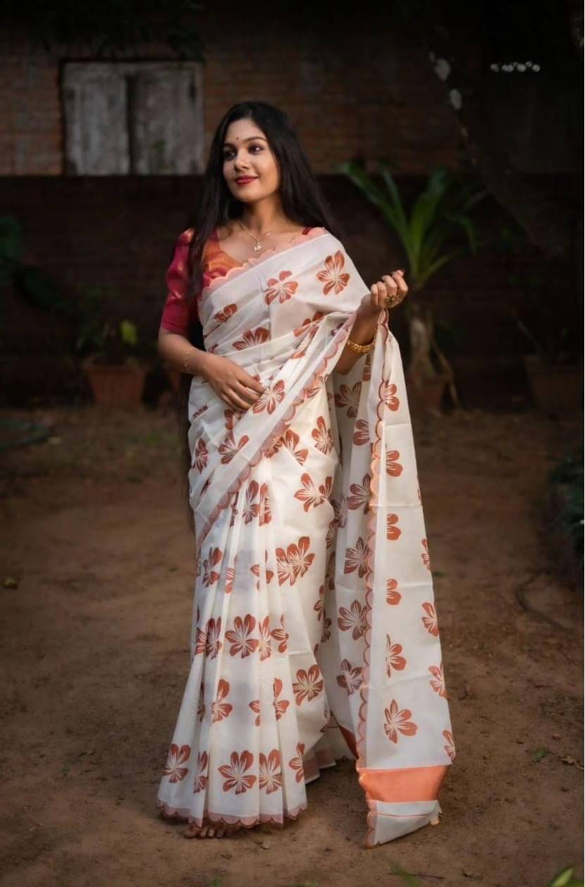 DEVYOG ENTERPRISE Banarasi Silk Printed Saree With Unstitched Blouse Piece ( Cream,Off White ) DEVYOG ENTERPRISE Banarasi Silk Printed Saree With Unstitched Blouse Piece ( Cream,Off White )