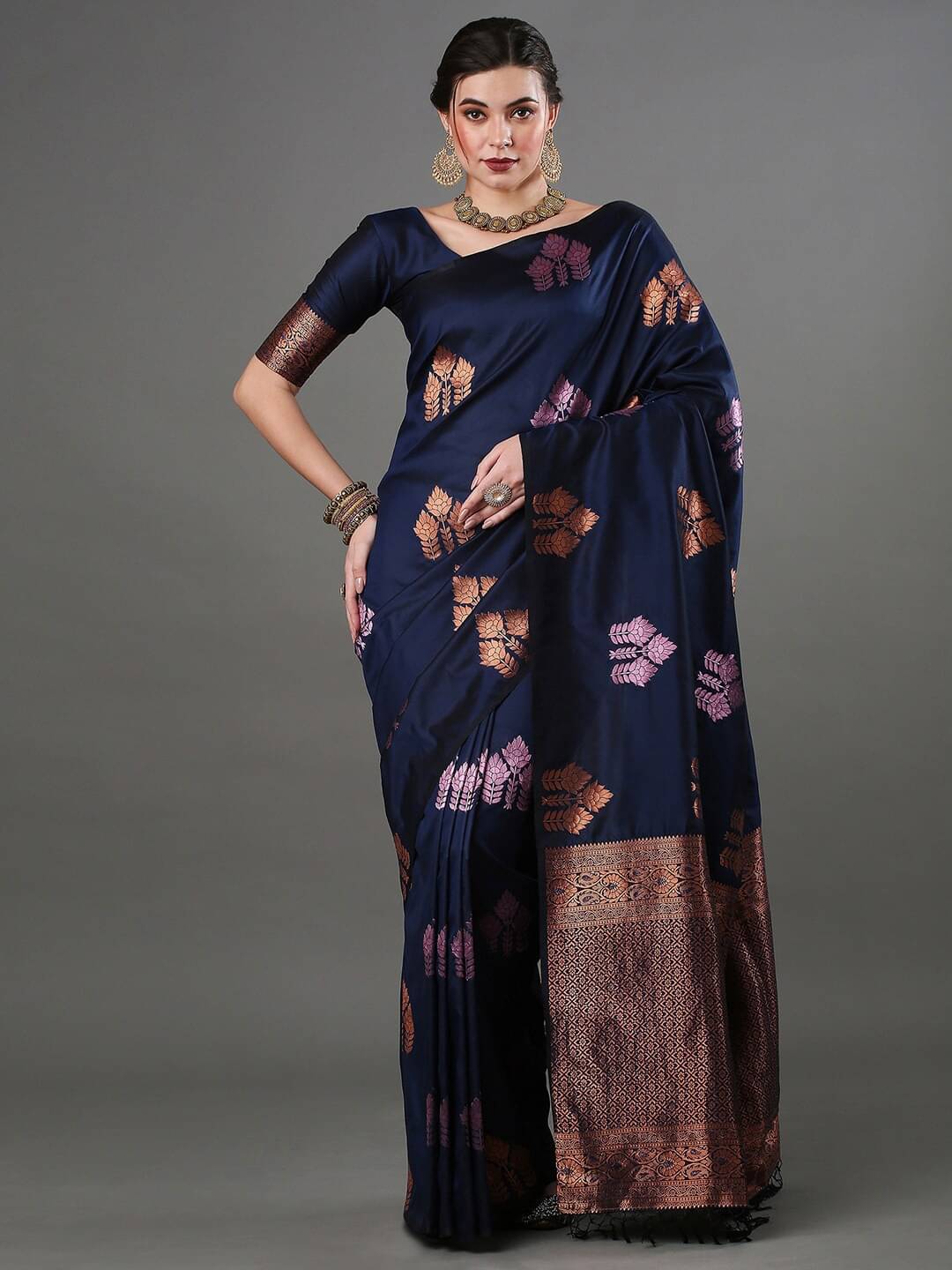 DEVYOG ENTERPRISE Banarasi Silk Self Design Saree With Unstitched Blouse Piece ( Navy Blue ) DEVYOG ENTERPRISE Banarasi Silk Self Design Saree With Unstitched Blouse Piece ( Navy Blue )