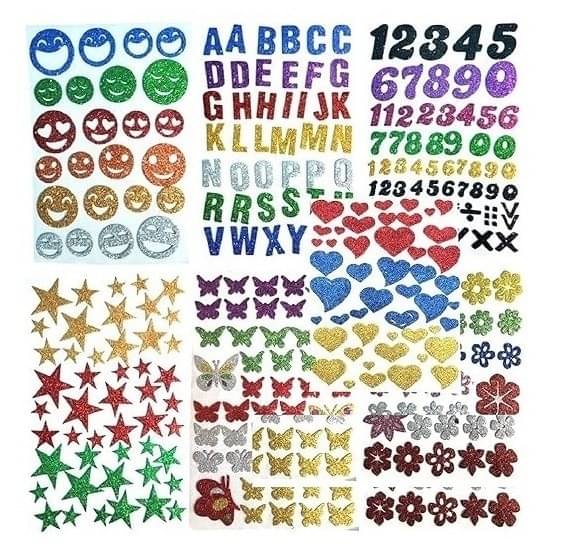     			Eclet Glitter Foam Self Adhesive Alphabets; Butterflies; Stars; Numeric; Hearts; Flowers and Smiley Mix Stickers for Art and Craft (Multicolour; Medium) -Set of 7 Sheets