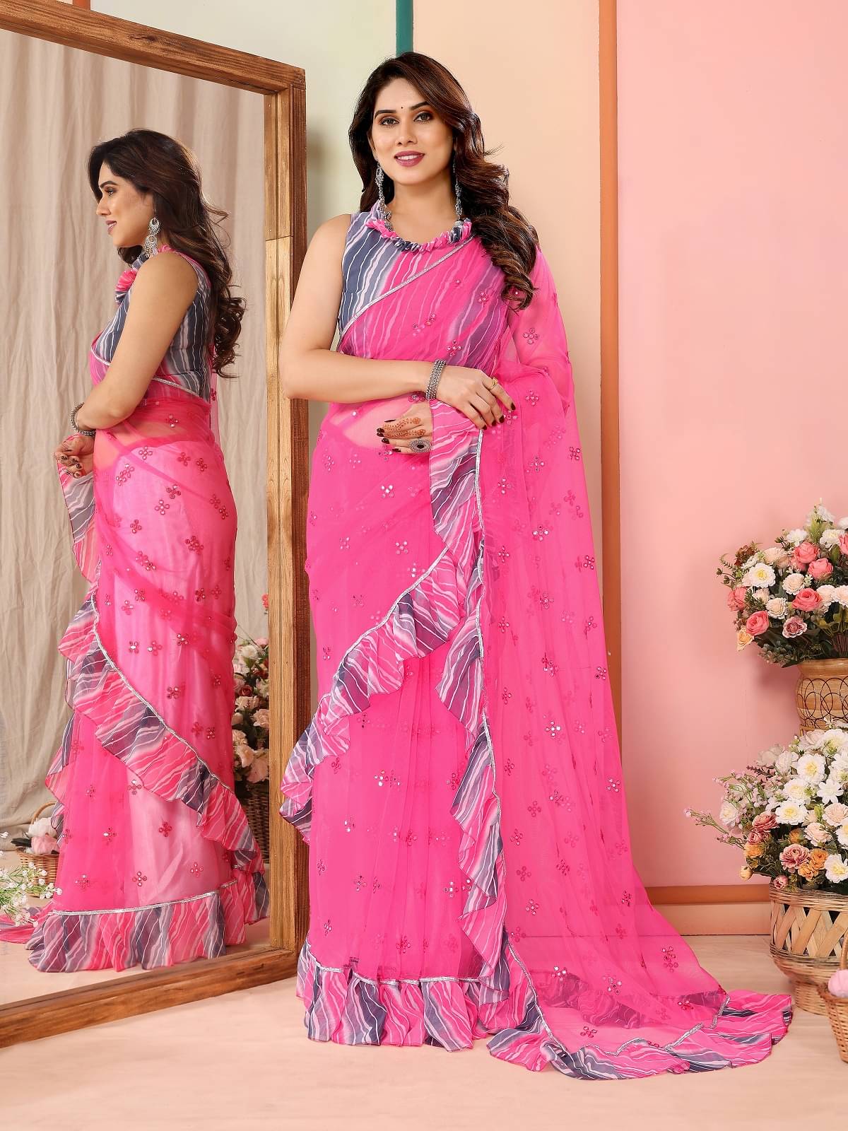     			Gazal Fashions Net Embroidered Saree With Unstitched Blouse Piece ( Pink )
