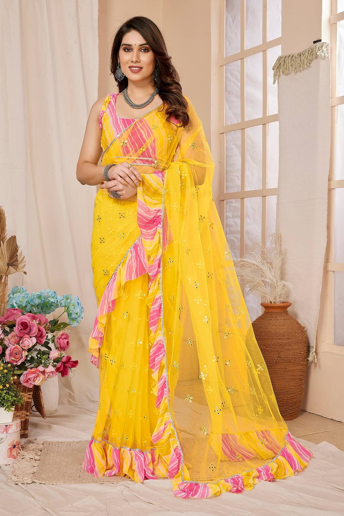 Gazal Fashions Net Embroidered Saree With Unstitched Blouse Piece ( Yellow ) Gazal Fashions Net Embroidered Saree With Unstitched Blouse Piece ( Yellow )