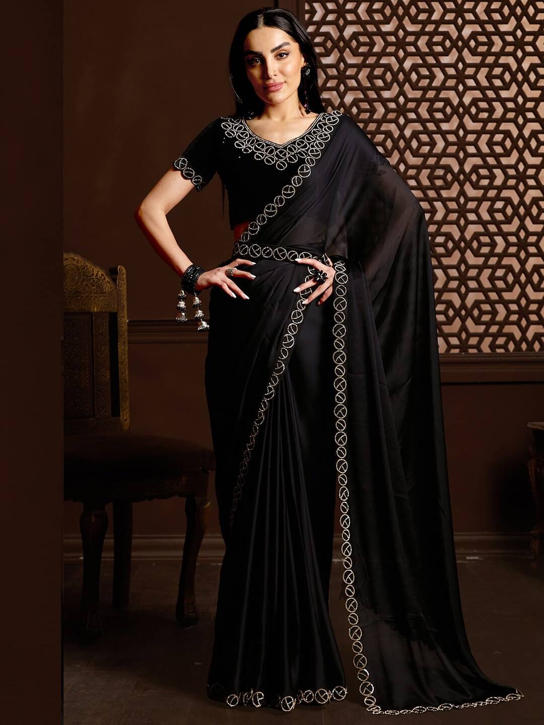 Gazal Fashions Satin Embellished Saree With Unstitched Blouse Piece ( Black ) Gazal Fashions Satin Embellished Saree With Unstitched Blouse Piece ( Black )