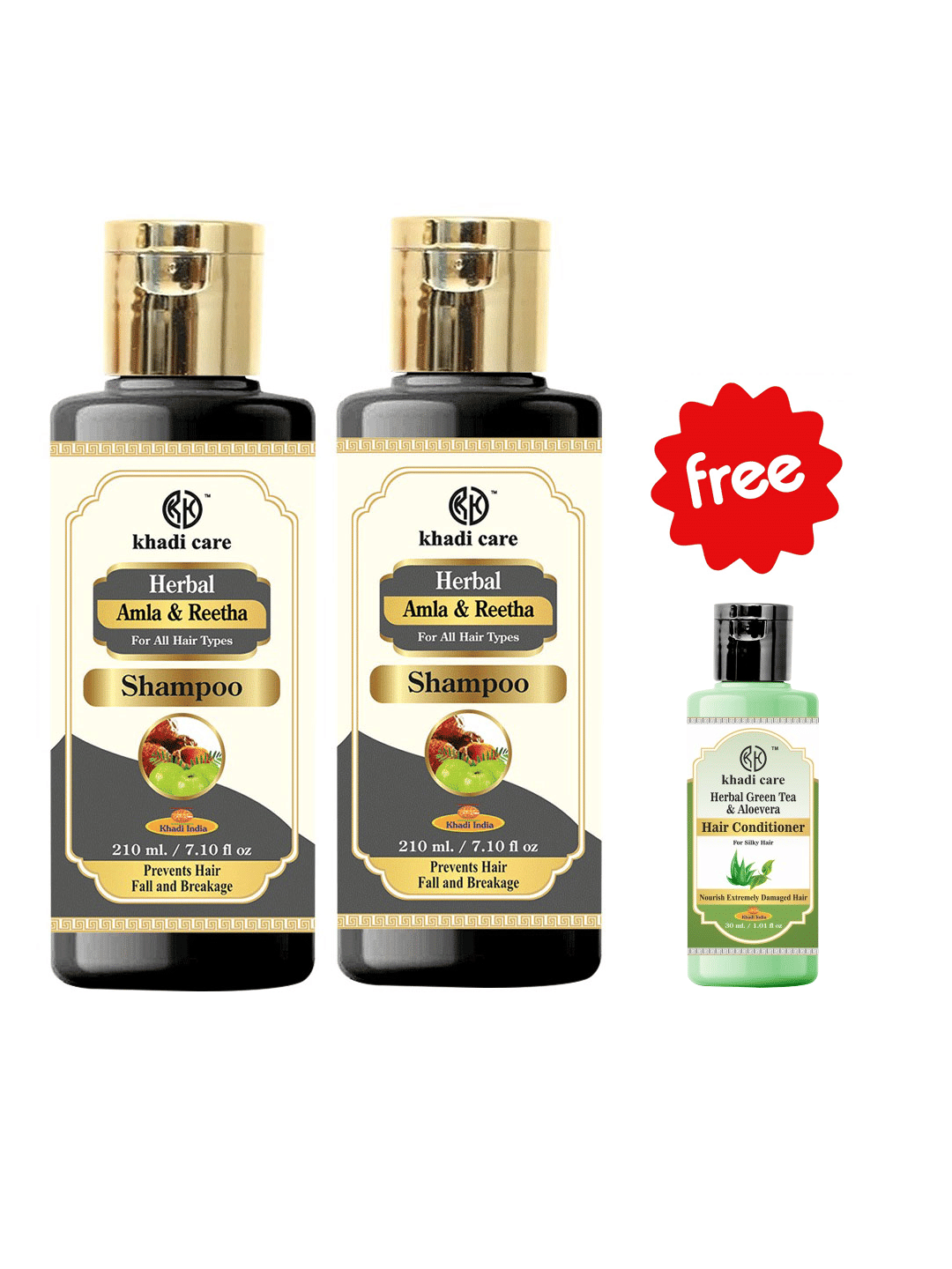     			Khadi Care Herbal Amla & Reetha Shampoo (210ml Each) Pack of 2 Free Green Tea Aloevera Hair Conditioner (30ml)