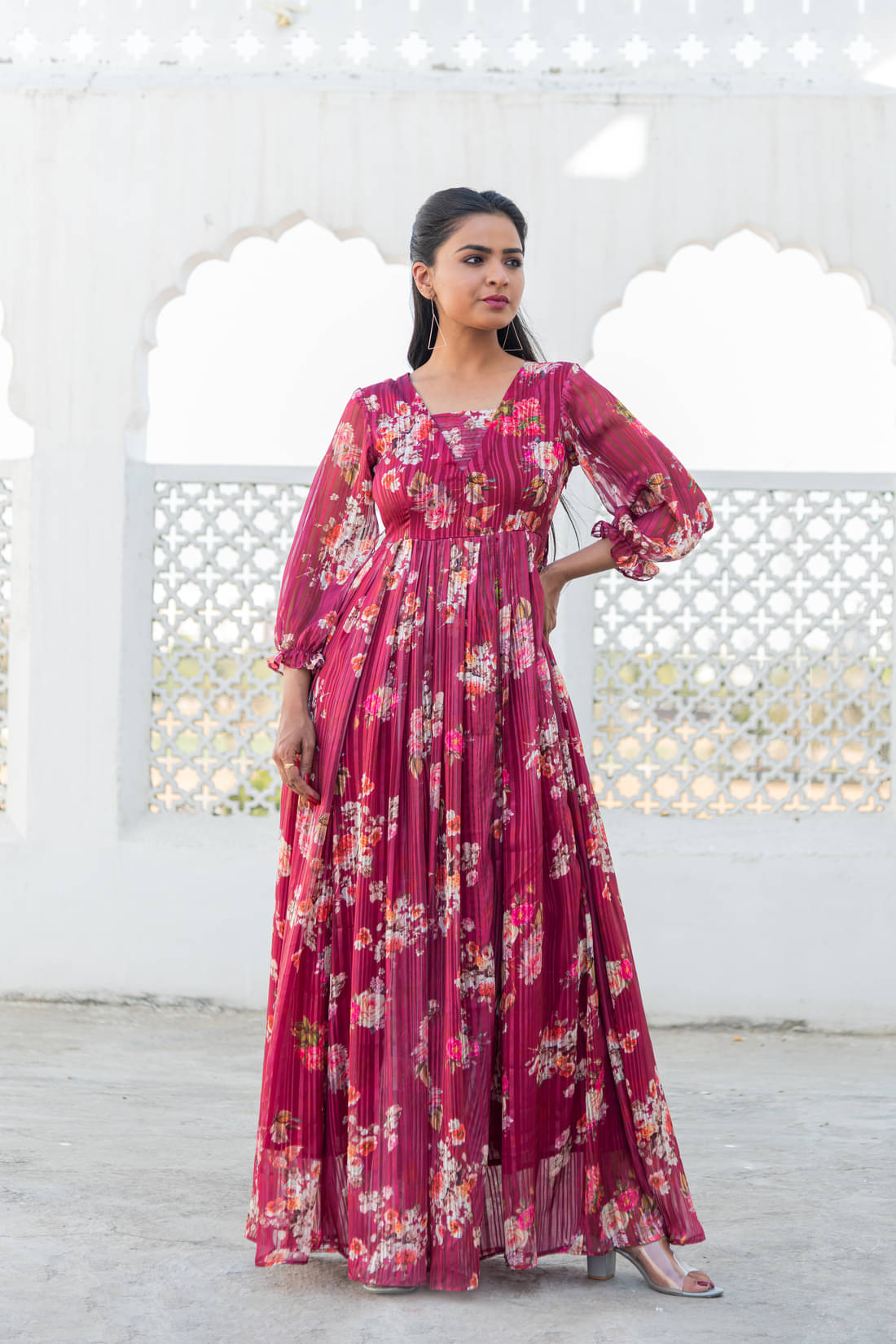 Kohsh Maroon Flared Georgette Women's Stitched Ethnic Gown ( Pack of 1 ) Kohsh Maroon Flared Georgette Women's Stitched Ethnic Gown ( Pack of 1 )