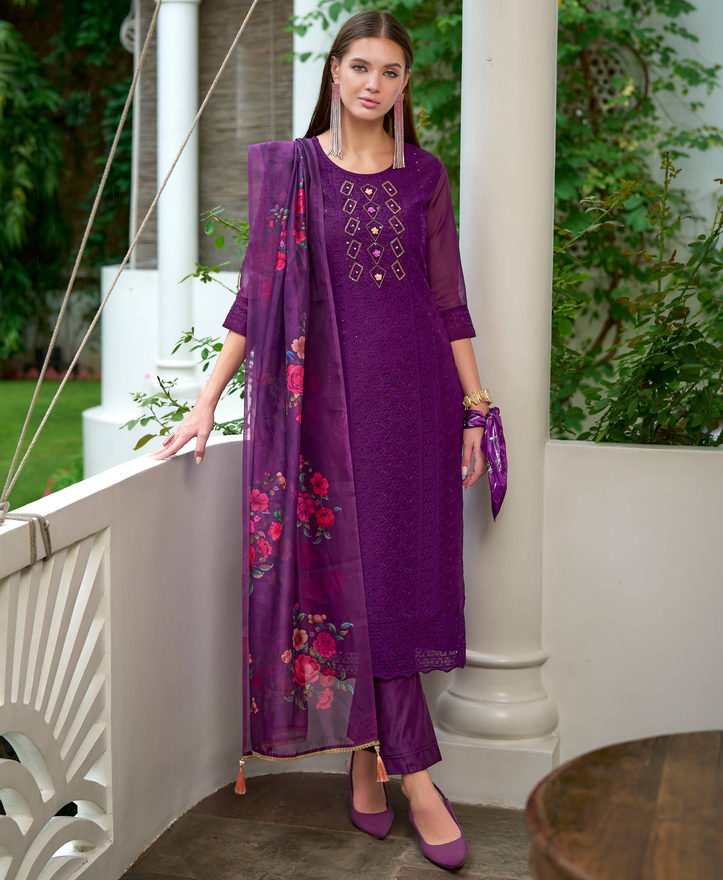 MOJILAA Organza Embroidered Kurti With Pants Women's Stitched Salwar Suit - Purple ( Pack of 1 )     			MOJILAA Organza Embroidered Kurti With Pants Women's Stitched Salwar Suit - Purple ( Pack of 1 )
