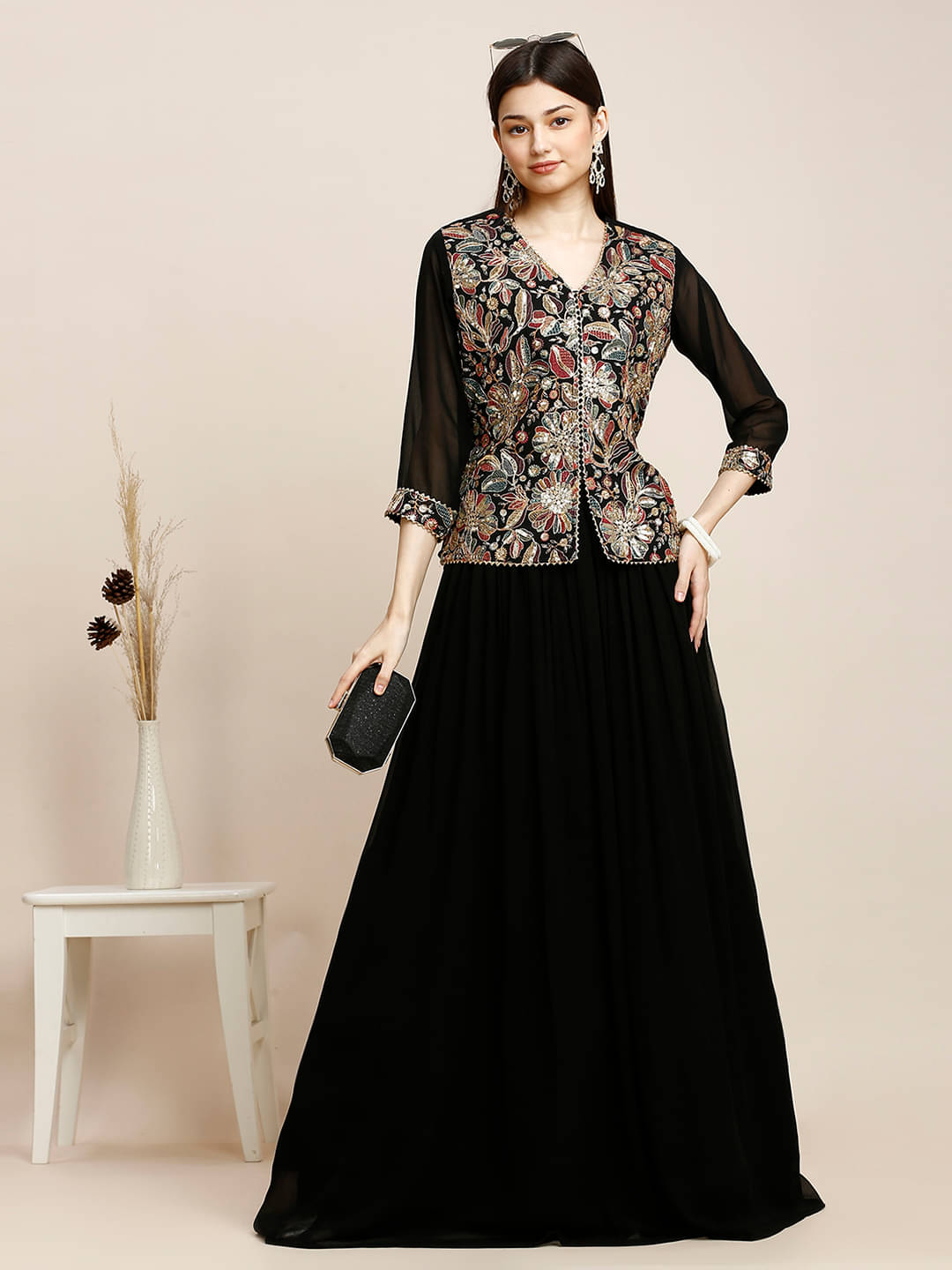     			Madhuram Textiles Women Georgette Embellished Flared Kurti With Skirt ( Black )