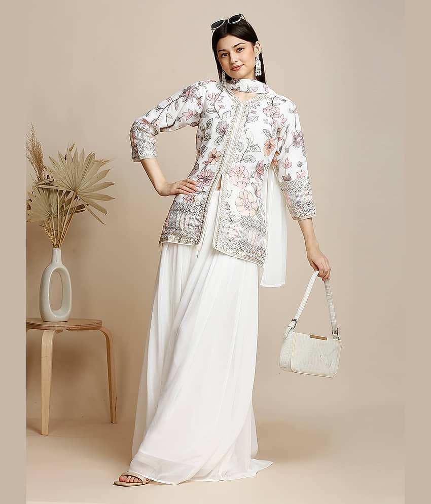 Madhuram Textiles Georgette Embellished Kurti With Skirt Women's Stitched Salwar Suit - White ( Pack of 1 )