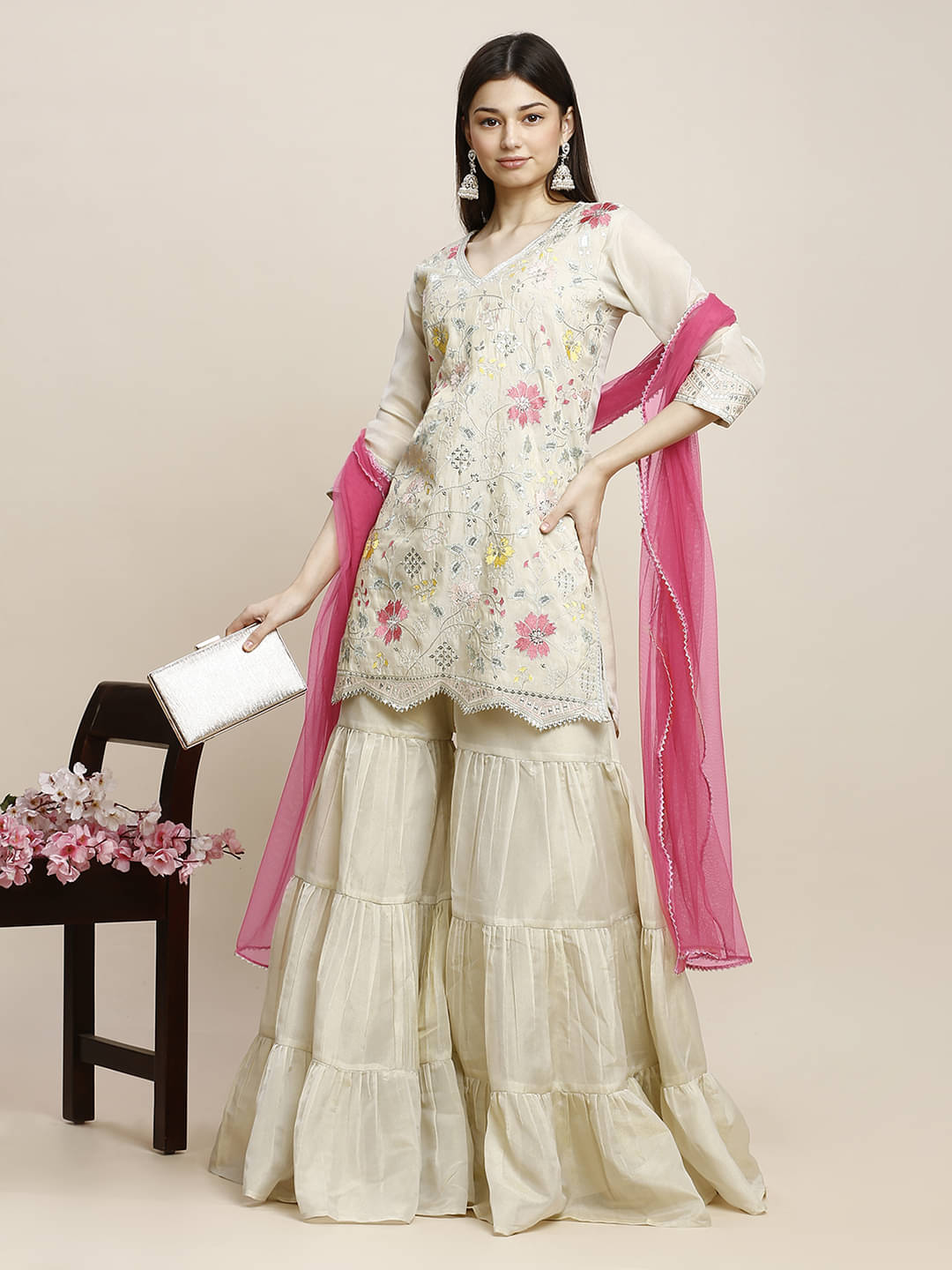 Madhuram Textiles Polyester Embroidered Kurti With Sharara And Gharara Women's Stitched Salwar Suit - Off White ( Pack of 1 ) Madhuram Textiles Polyester Embroidered Kurti With Sharara And Gharara Women's Stitched Salwar Suit - Off White ( Pack of 1 )